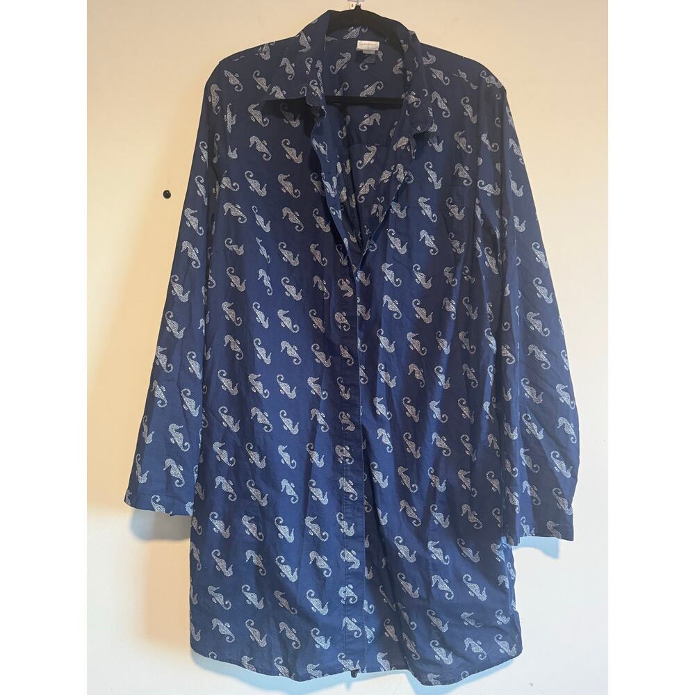 Lands’ End Navy Seahorse Print Button‎ Front Tunic Shirt Women’s XL 18 Cotton